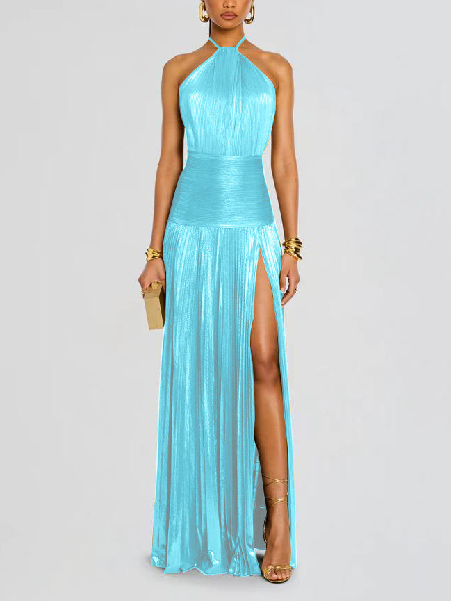 Trendy Metallic Plissé Halter Gown