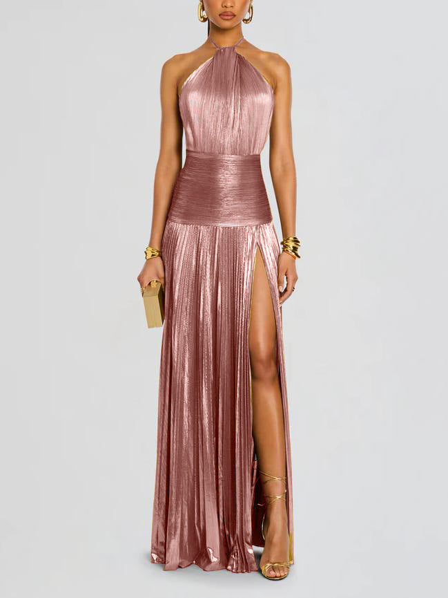 Trendy Metallic Plissé Halter Gown