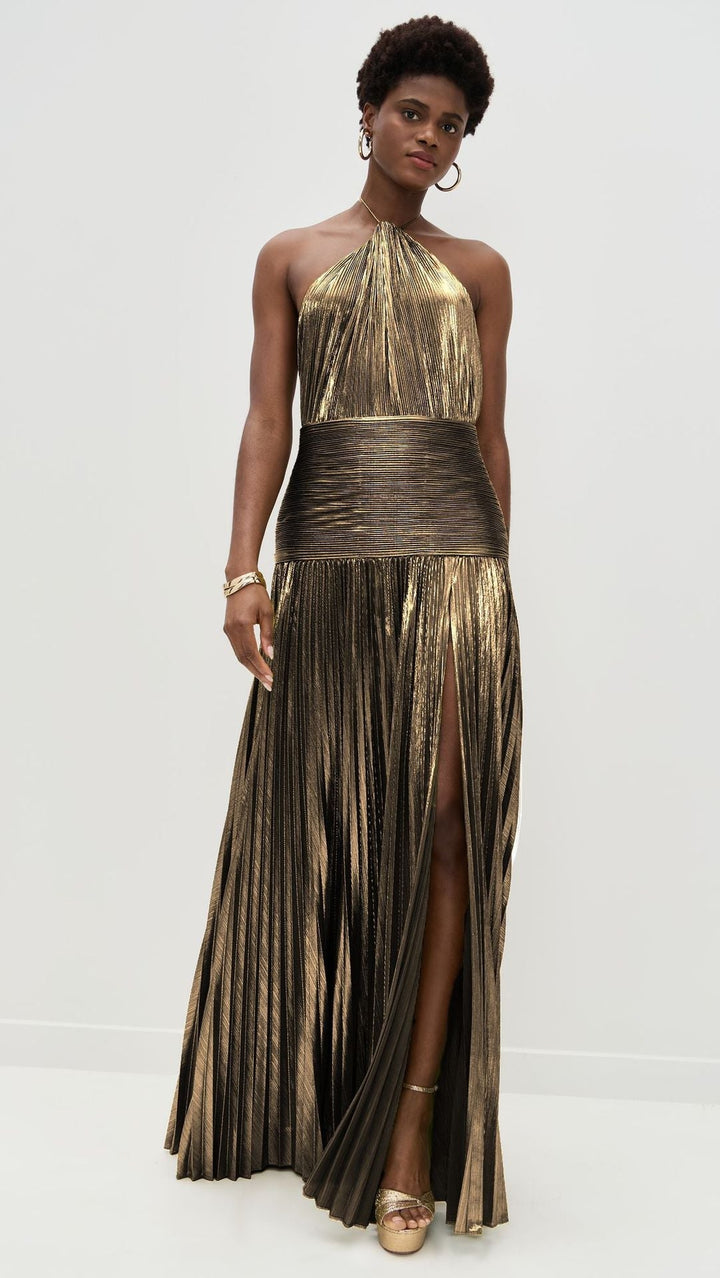Trendy Metallic Plissé Halter Gown