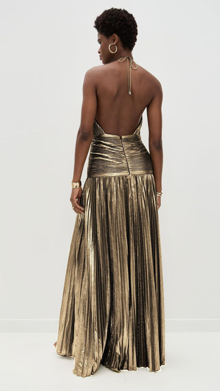 Trendy Metallic Plissé Halter Gown